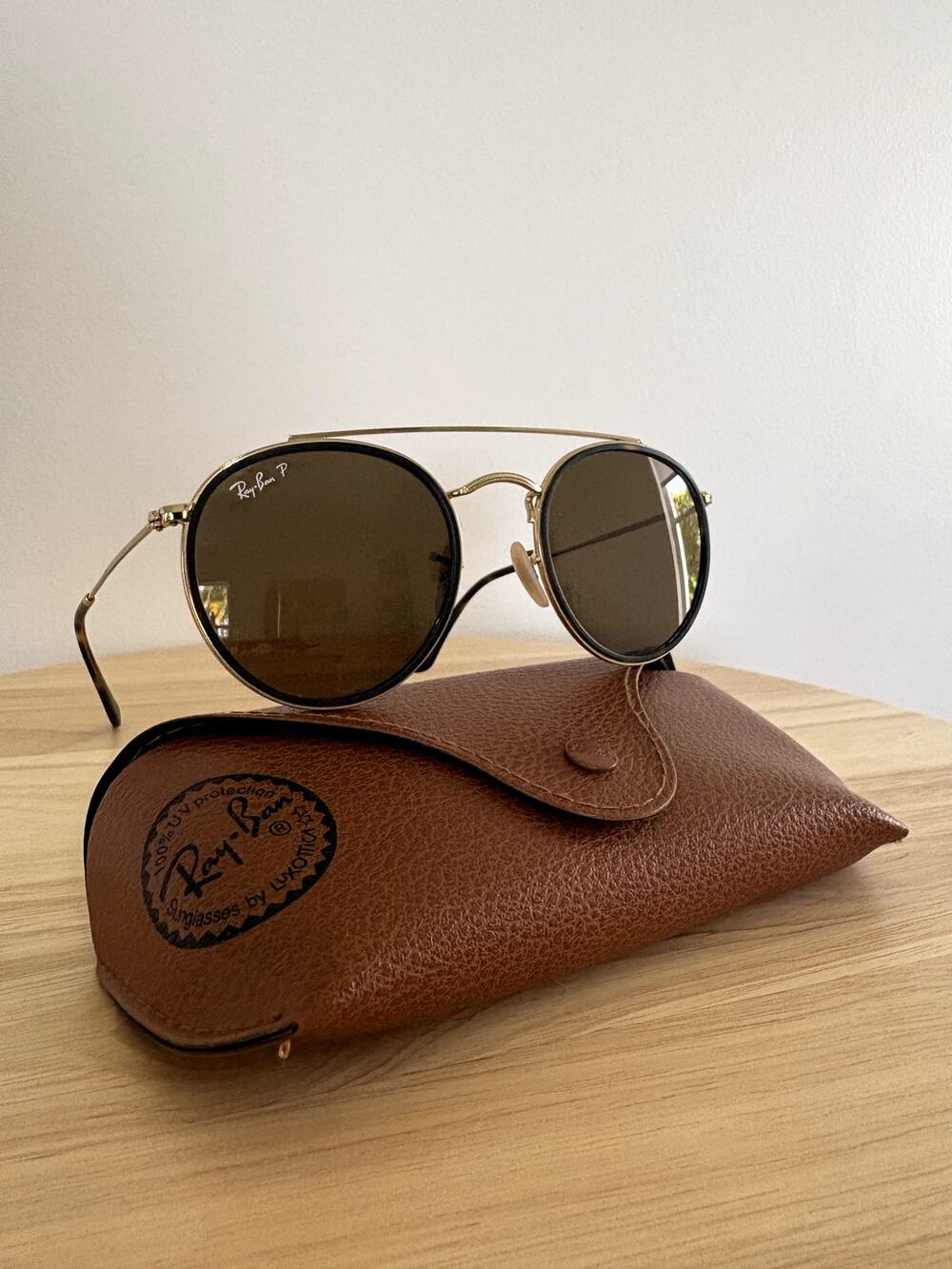 Ray-Ban Round Double Bridge Polarized Brown Sunglasses Gold Frame RB3647N 51mm